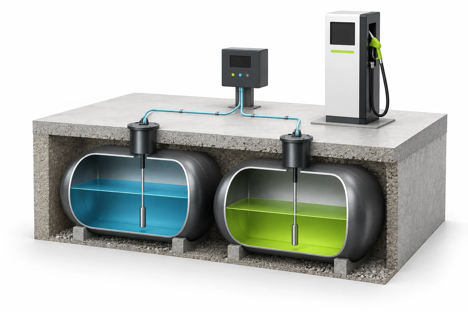 Cutaway underground fuel tanks and probes linked to a dispenser and forecourt controller